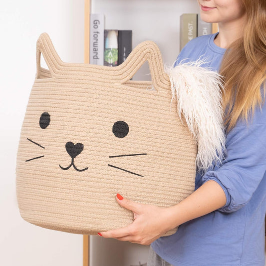 Cesta de Almacenaje Infantil con Diseño de Gato – Algodón 100% Natural