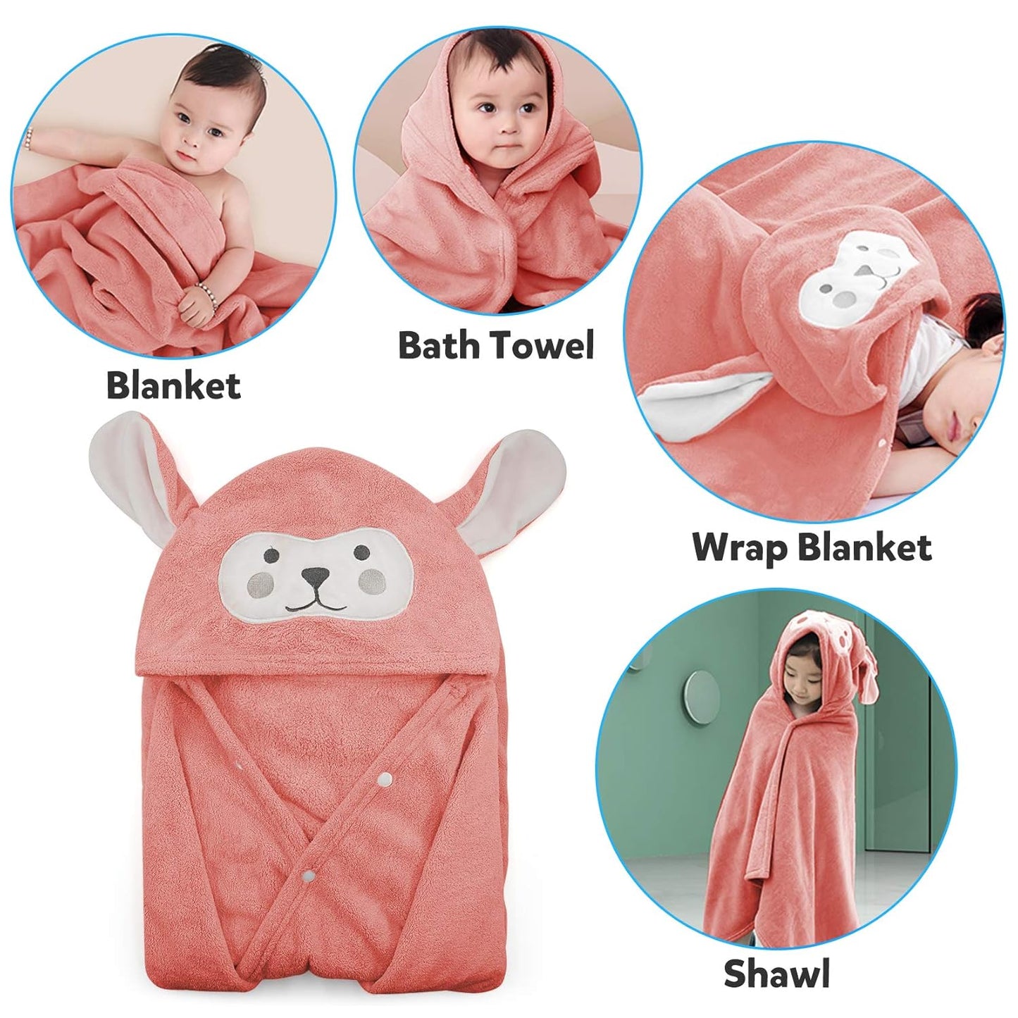 Toalla Infantil con Capucha Animal – Ultrasuave y Absorbente de Felpa Coral (70 x 140 cm) Felpa Rosa
