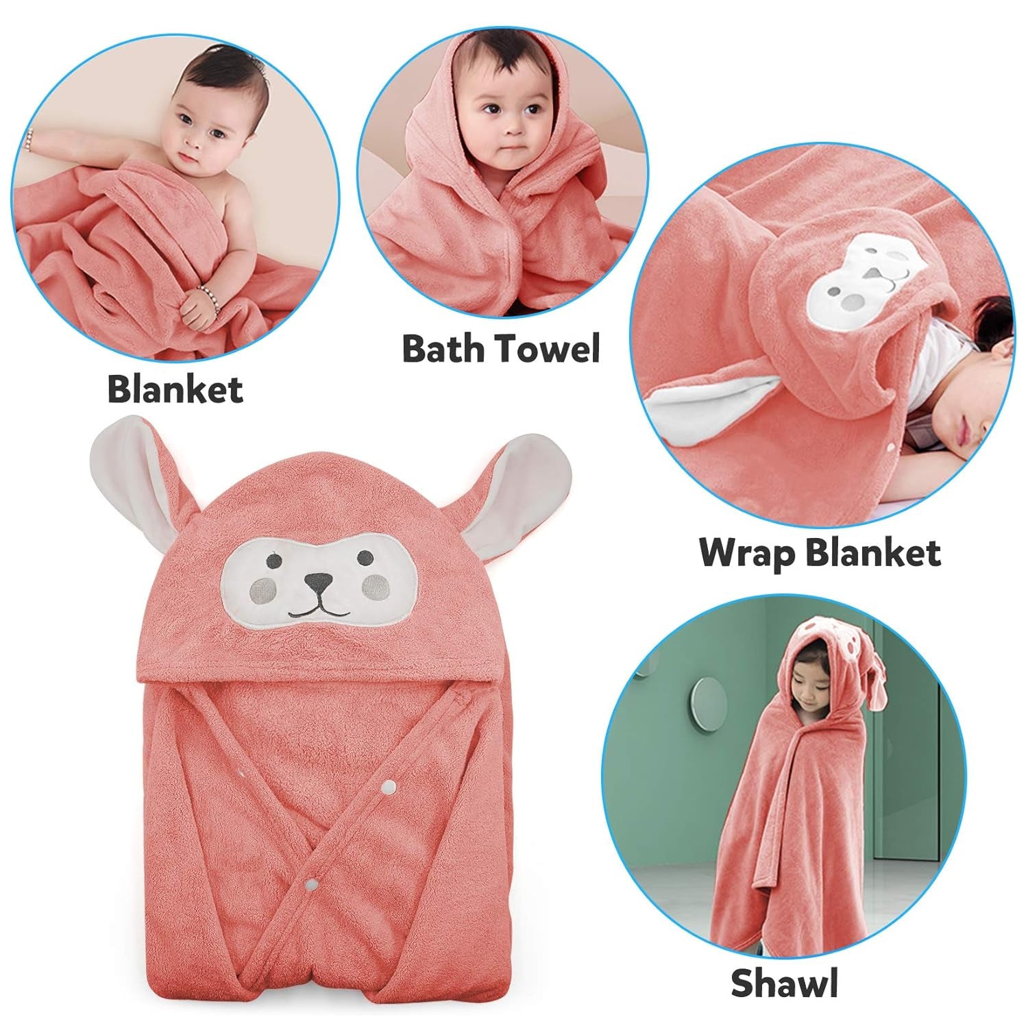 Toalla Infantil con Capucha Animal – Ultrasuave y Absorbente de Felpa Coral (70 x 140 cm) Felpa Rosa