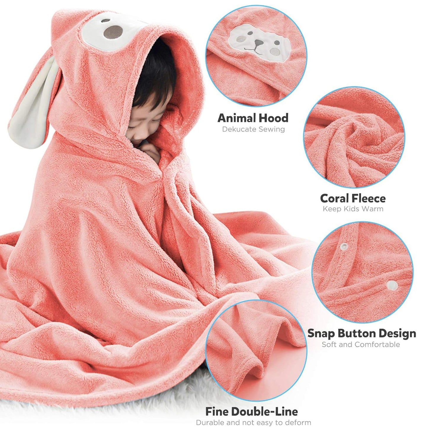 Toalla Infantil con Capucha Animal – Ultrasuave y Absorbente de Felpa Coral (70 x 140 cm) Felpa Rosa