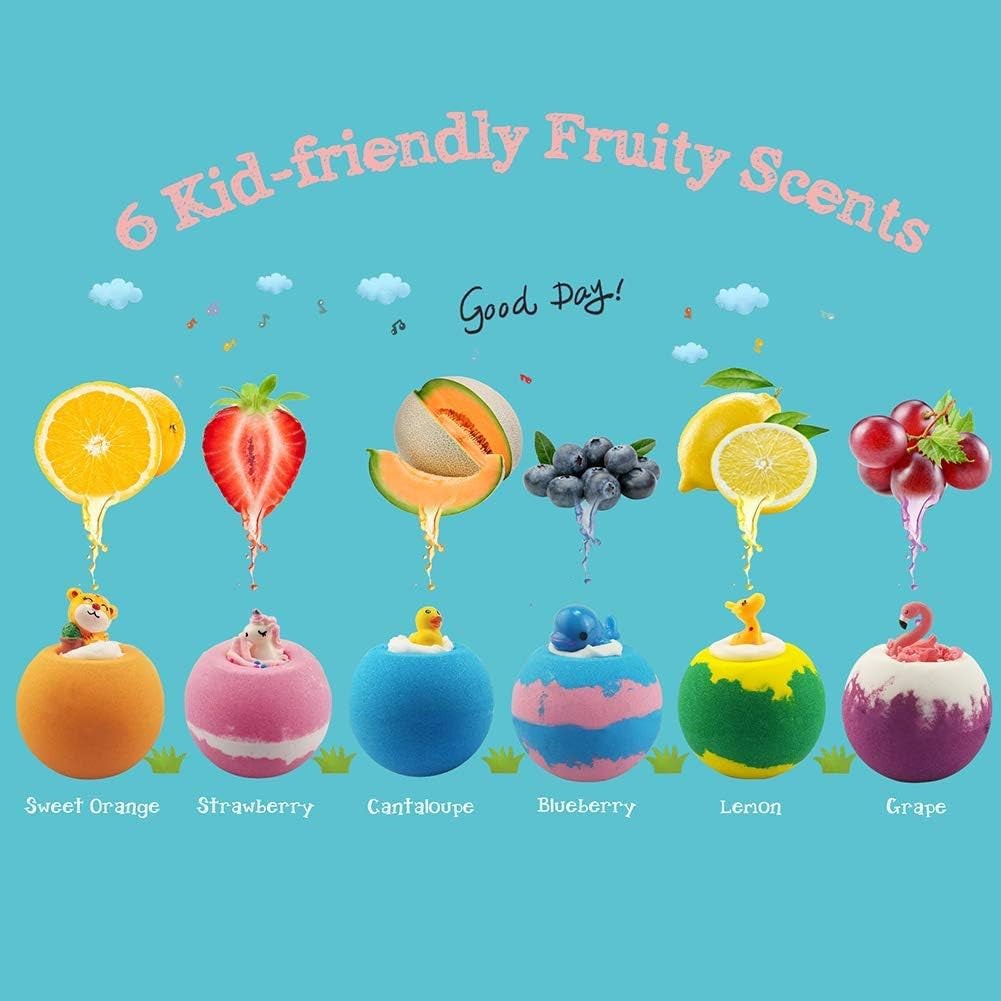  Set de Bombas de Baño Infantiles con Juguete Sorpresa – 6 Aromas Frutales, Veganas y Divertidas – Regalo Perfecto para Niños