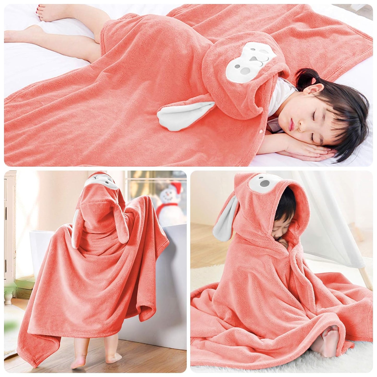 Toalla Infantil con Capucha Animal – Ultrasuave y Absorbente de Felpa Coral (70 x 140 cm) Felpa Rosa