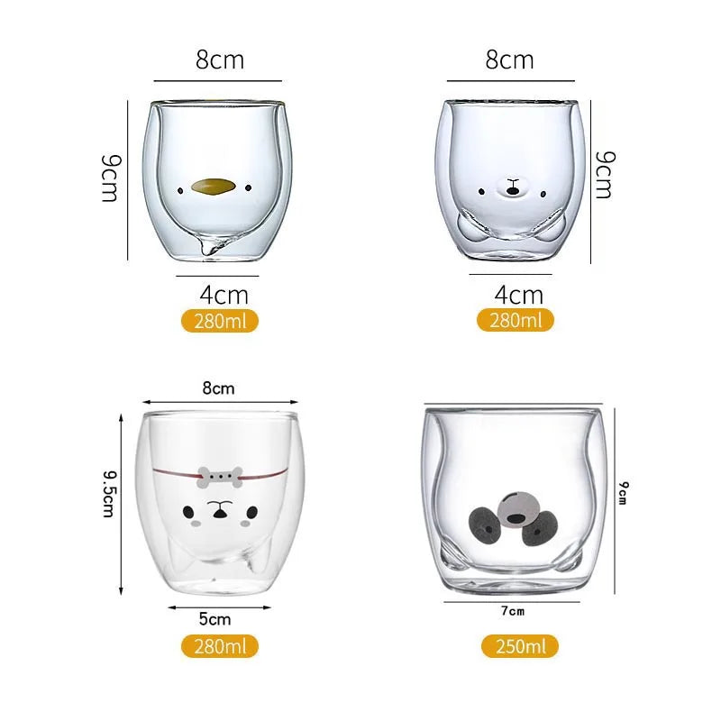 Taza de Vidrio de Animalitos Adorables: Gato, Perro, Oso y Pato