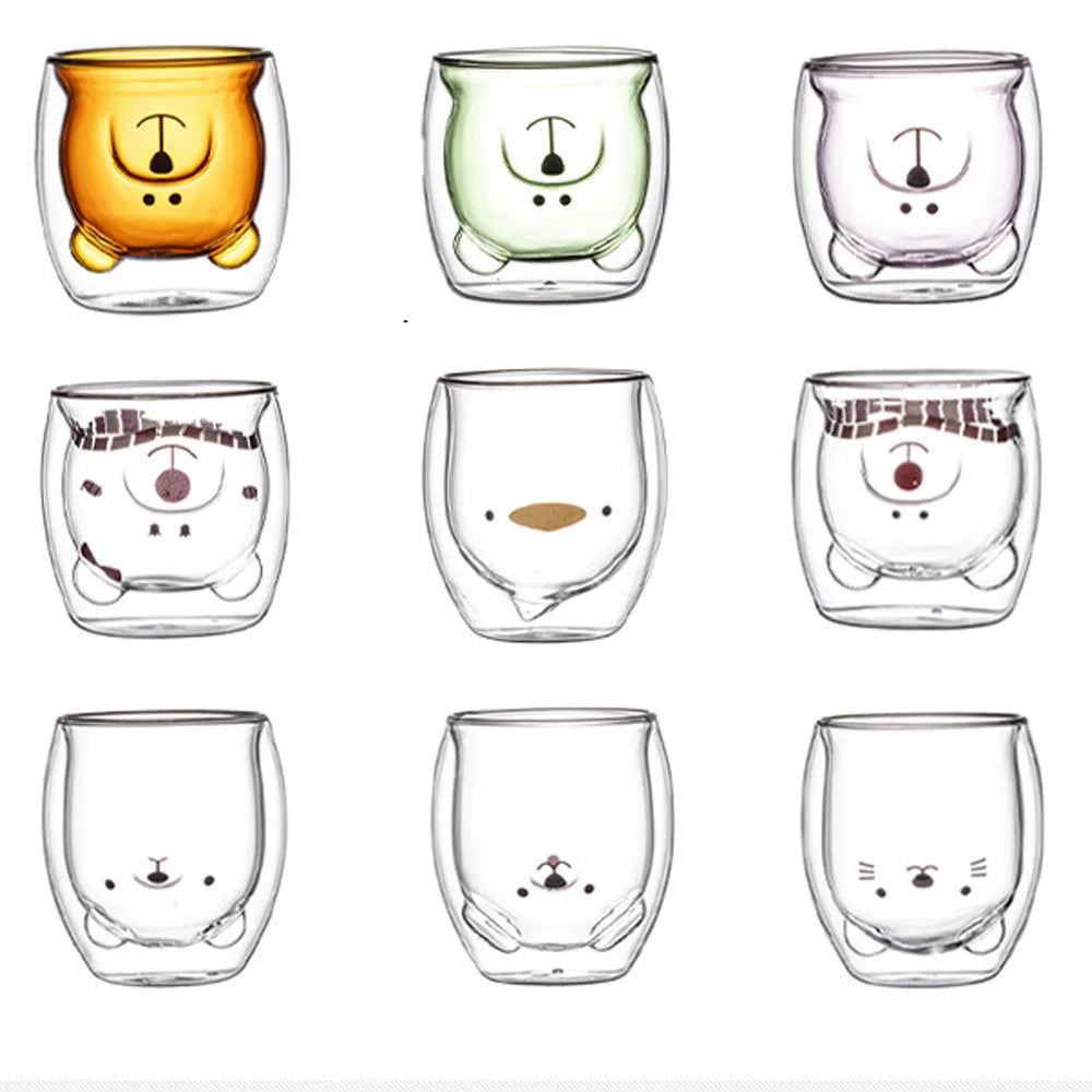Taza de Vidrio de Animalitos Adorables: Gato, Perro, Oso y Pato