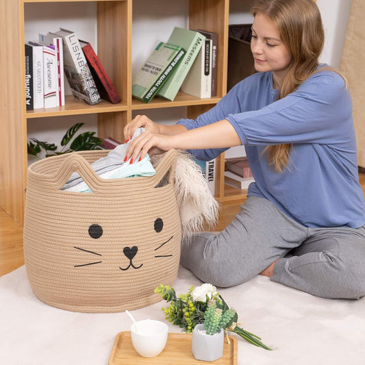 Cesta de Almacenaje Infantil con Diseño de Gato – Algodón 100% Natural